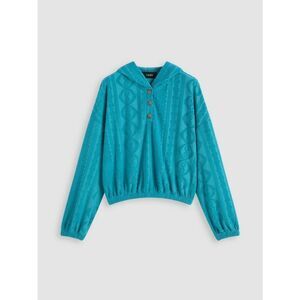 Cider Velour Oversized Debossed Cable Knit 1/4 Button Hoodie Teal Sz. Sm.